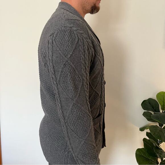 Cottagecore Wool Blend Cardigan Cable Knit Sweater Mens Medium Gray Academia - Picture 2 of 10